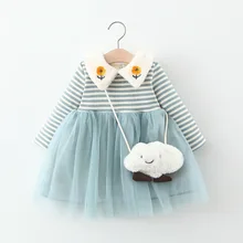 Новинка года; милое Сетчатое платье принцессы в полоску с цветочным рисунком и сумочкой для маленьких девочек детская зимняя одежда для детей 1-3 лет