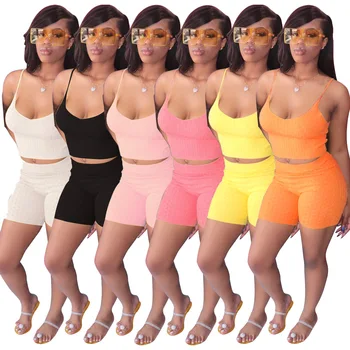 

2020 Summer New Arrival Casual Suit Solid Color Strap Weskit Shorts Two-Piece European and American Women's Clothing