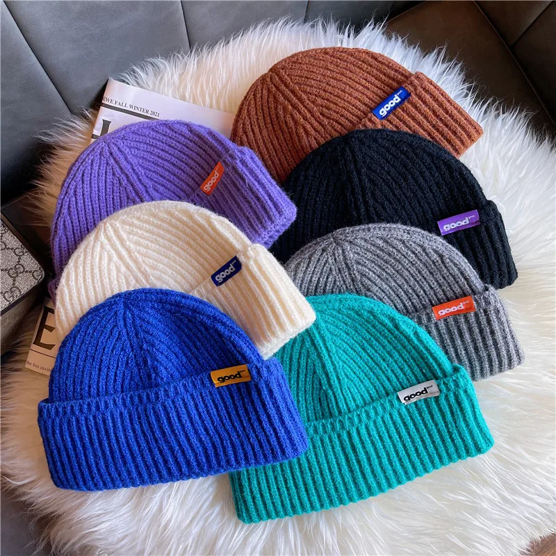 

Hat Women's Autumn and Winter Warm Knit Korean Style Labeling Wool Skullies Klein Blue Hip Hop Landlord Beanies for Men Causal