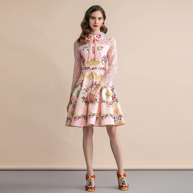 LD LINDA делла Осенняя мода подиум элегантное платье женское с длинным рукавом кружево лоскутное розовое цветочный принт Повседневное платье средней длины