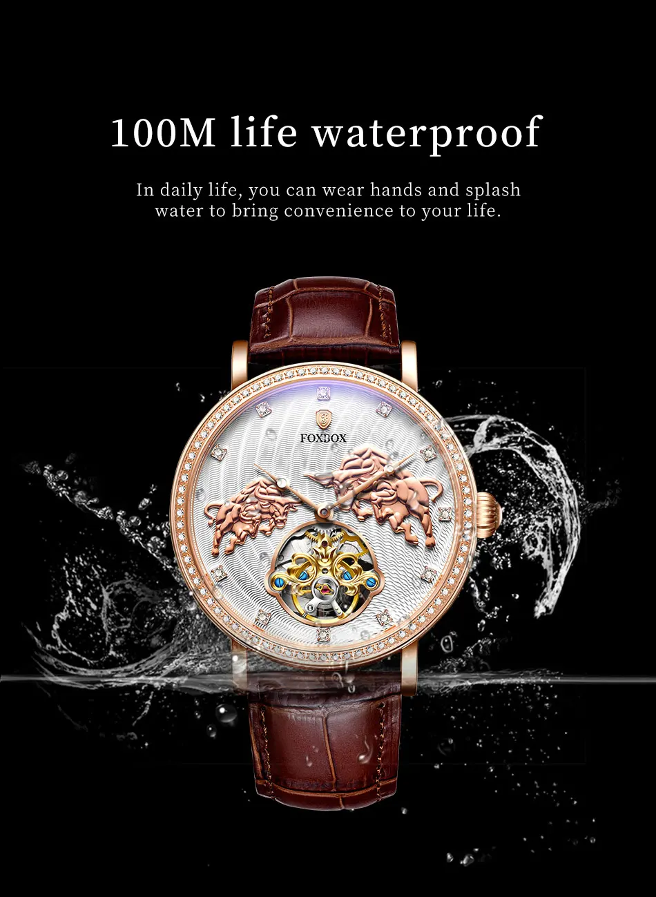 FOXBOX Brand 3D Bullfighting Classic Mens Retro Watches Automatic Mechanical Watch Genuine Leather Waterproof Tourbillon Clock