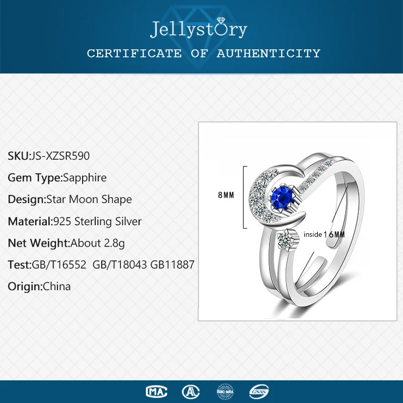 Jellystory 2 в 1 кольца Мода 925 серебряные ювелирные изделия в форме звезды, Луны, сапфира Циркон драгоценные камни Открытое кольцо для женщин Свадебные подарки