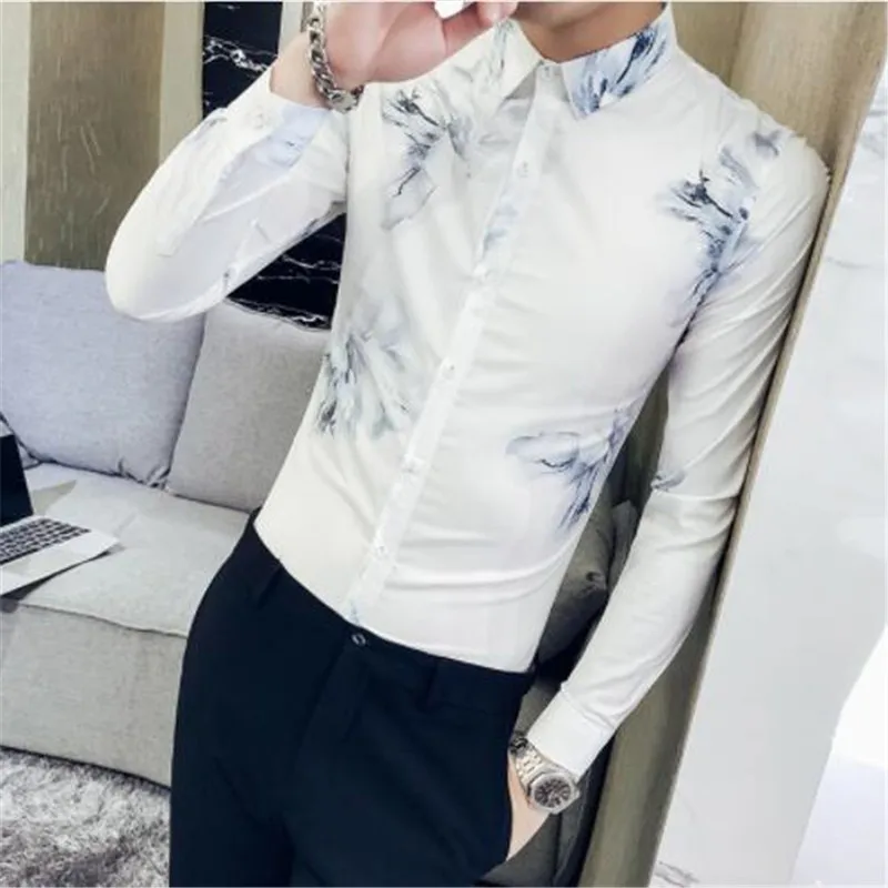 Camisa/Мужская рубашка с цветочным принтом и длинными рукавами; рубашка с цветочным принтом; мужская одежда в городском стиле для мужчин; Клубные вечерние рубашки для свадьбы; мужская рубашка - Цвет: 2