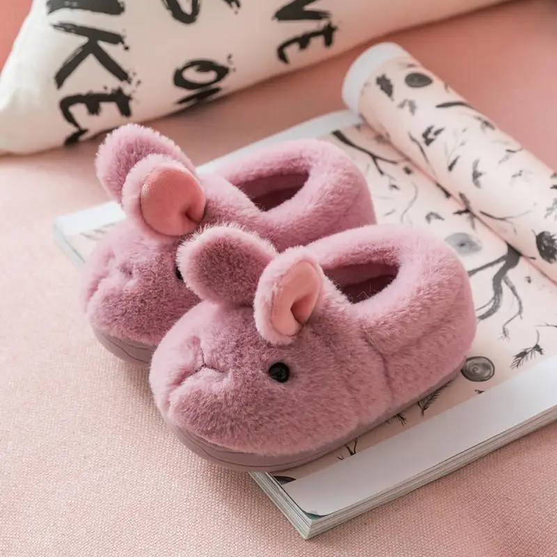 Parent-child cotton slippers autumn and winter new cartoon cute rabbit solid color boys girls children cotton shoes kids - Цвет: Лаванда