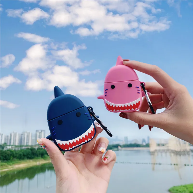 Для AirPod 2 Чехол 3D Розовая акула мультфильм Мягкие силиконовые беспроводные