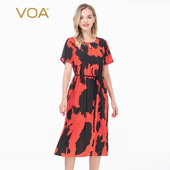 

VOA Black Red Printed Silk round Neck Short Sleeve Lace-up Waist Hugging Slim Fit Breathable Pullover Dress AX86