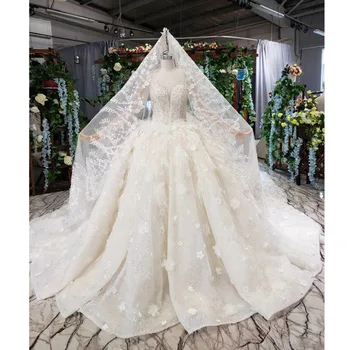 شراءBGW HT4236 فساتين زفاف الأميرة الفاخرة مع قطار س الرقبة طويلة الأكمام الزهور زي العرائس مع الحجاب Vestido De Casamento