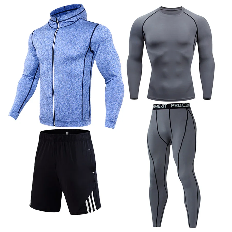 gray 4-piece suit Мужская компрессионная Спортивная одежда для спортзала, сухой спортивный костюм, термобелье, спортивный костюм, колготки, Рашгард, Мужская одежда для бега - Цвет: gray 4-piece suit