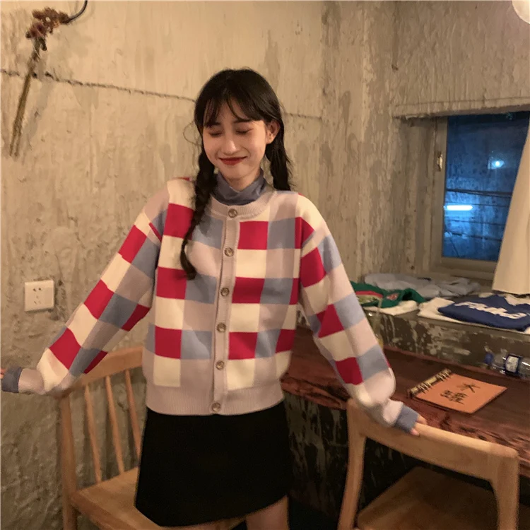 Harajuku Kawaii кардиган женский Универсальный хит цвет плед Женский вязаный кардиган пуговицы сладкий шик корейский свитер осень зима