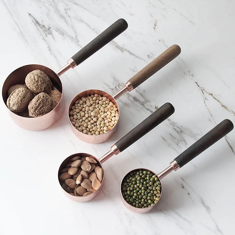 

4Pcs Rose Gold Measuring Spoons Cooking Tools Wood Handle Baking Accessories Kitchen Gadgets Stainless Steel Measuring Cup
