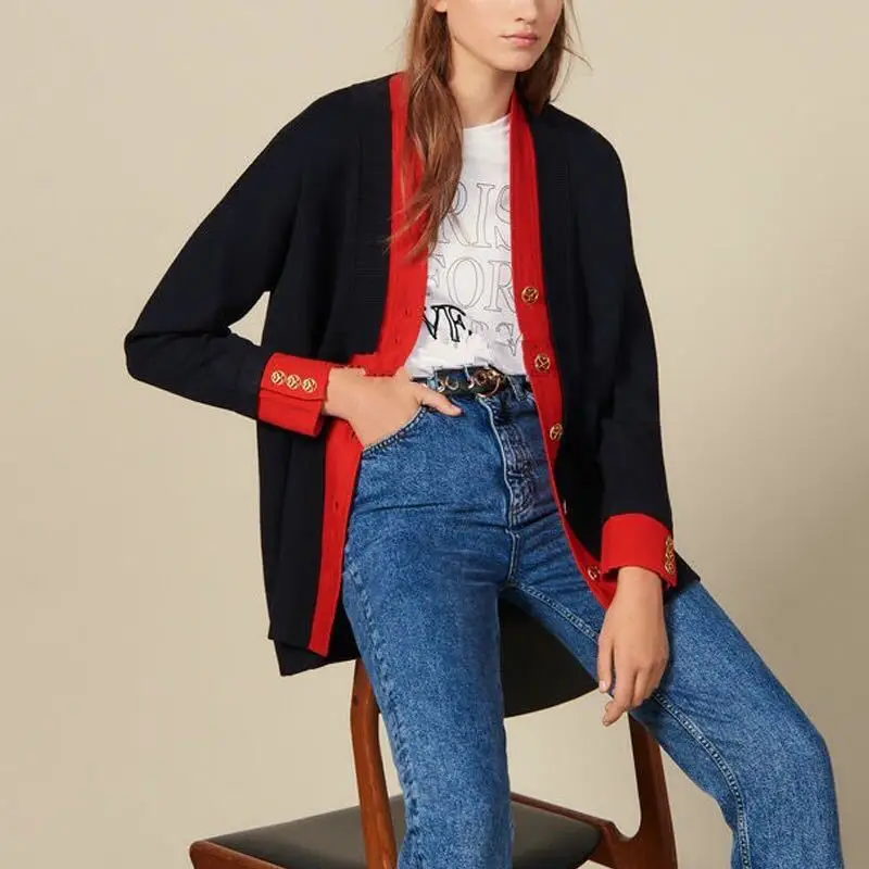 

2019 Autumn New Color Small Fragrant Wind Edge Metal Button Knitted Cardigan Sweater V-Neck Cardigans Black Sweater Women