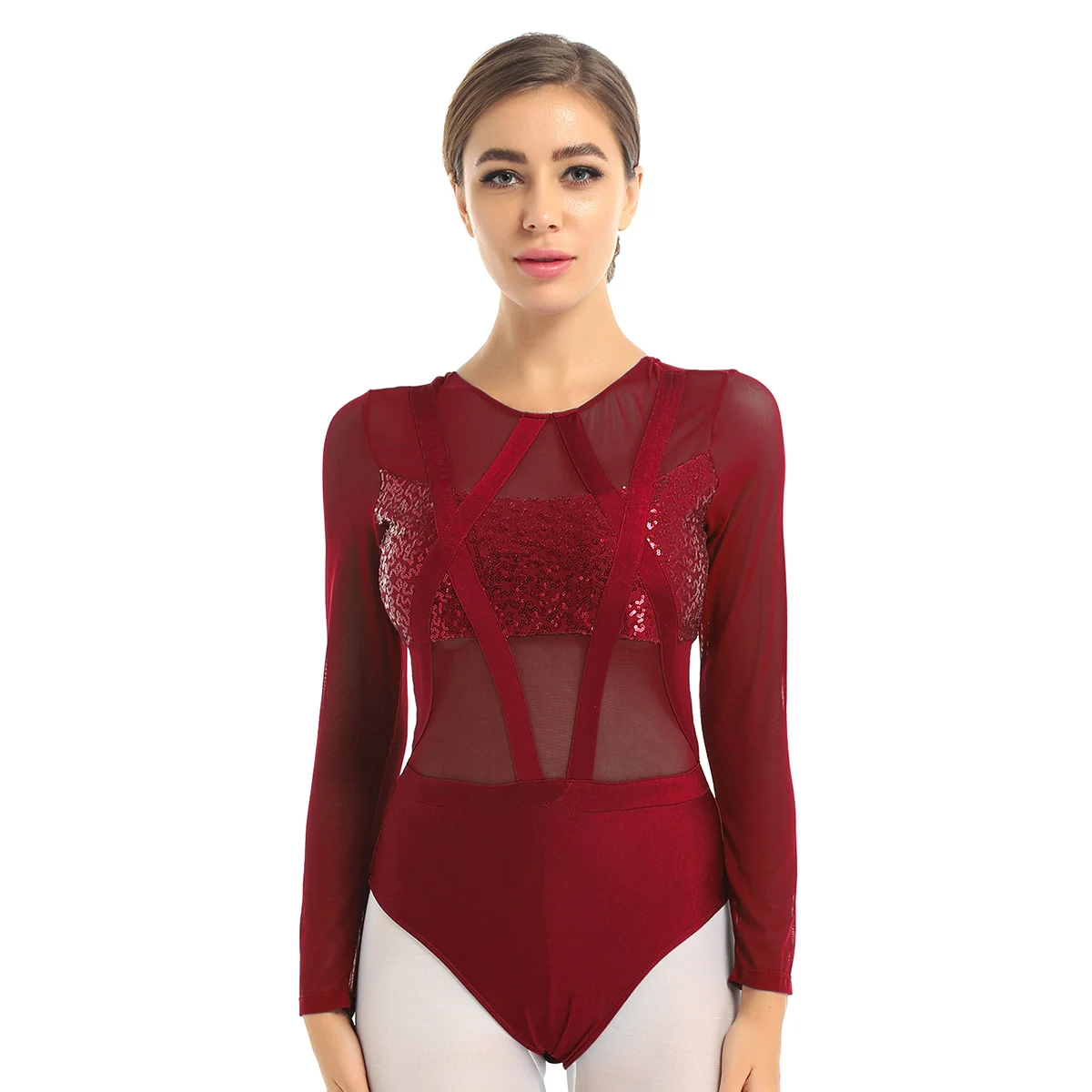 

Women Adults Ballet Dance Leotards Mesh Gymnastics Workout Bodysuit Long Sleeves Stage Performance Ballet Dancewear Jumpsuit