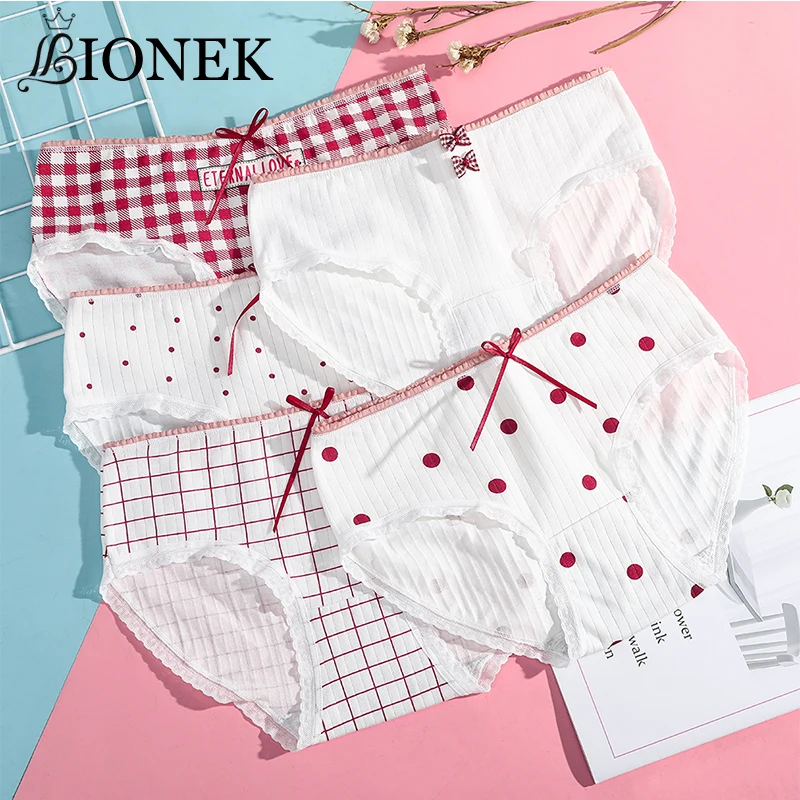 

BIONEK Women's Japanese Sweet Plaid Bow Underneath Female Cotton Crotch Ribbon Medium Waist Ladies Underwear Student Trigger