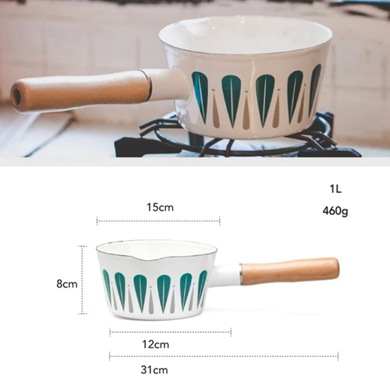 1Л эмалированная кастрюля для молока с рисунком листьев, Детская кастрюля для приготовления еды, сковорода, сковорода с деревянной ручкой, маленький суповый горшок, масляная фритюрница