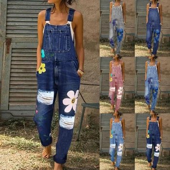 

2020 New Summer Women Long Jumpsuits Fashion Flowers Printed Jeans Short Romper Casual Floral Pocket Playsuit Denim Overalls