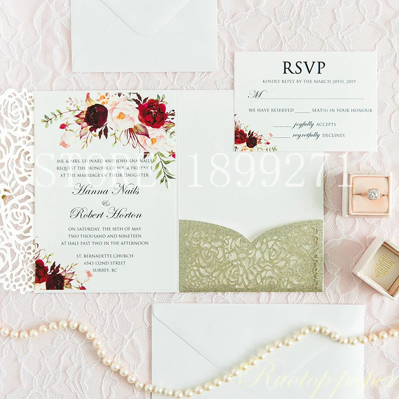 Шампанское Блеск invitaciones de boda Роза лазерная резка карманные свадебные приглашения пригласительные сказочные части Свадебное приглашение