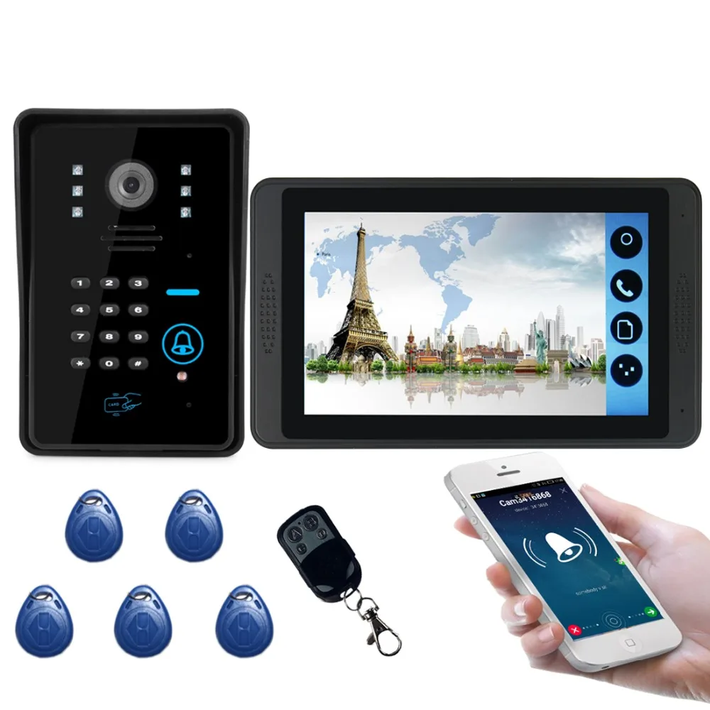 Приложение управление видеодомофон 7 дюймов Wifi беспроводной видео дверной звонок Домофон RFID пароль камера система+ замок открывания двери