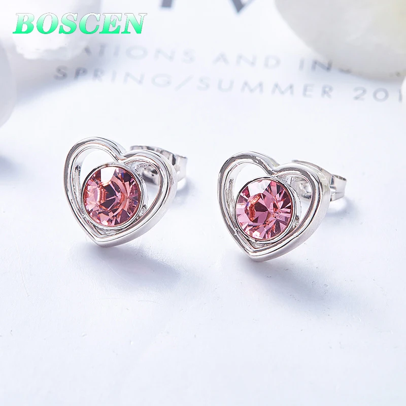 

BOSCEN Heart Love Stud Earrings For women Girl Birthday Valentines Gift Embellished With Crystals From Swarovski 2019 Pink