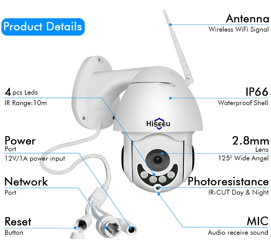 Hiseeu PTZ wifi IP купольная камера 1080P наружная Водонепроницаемая 2-мегапиксельная камера безопасности TF карта беспроводная IP камера просмотр приложения