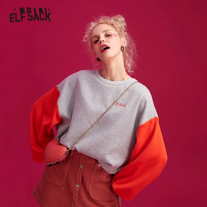 ELFSACK, серый, цветной, с вышивкой крысы, корейский пуловер, Женская толстовка, зима, пэчворк, рукав, для офиса, для девушек, базовые Топы