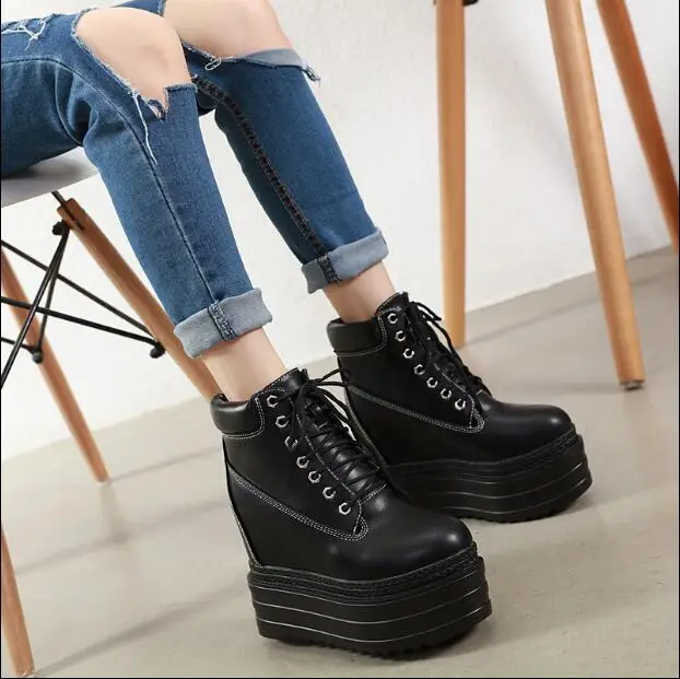 13CM super high heel wedge shorts sponge cake black front tie bare boots female