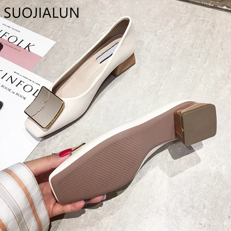 SUOJIALUN Luxury Women Spring Flat Shoes Square Toe Medium Heels Fashion Metal Boat Low Heels Shoes Women Dress Shoes