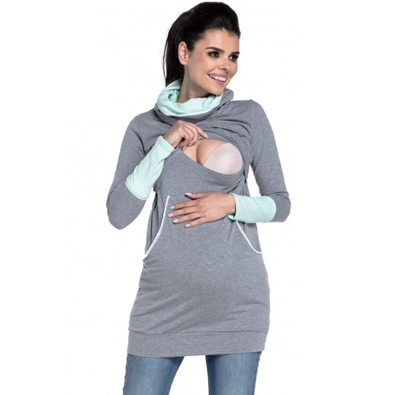 Autumn Winter Breastfeeding Maternity Hoodies Nursing Clothes For Pregnant Women Pregnancy Mother Lactation Maternity Sweater - Цвет: grey with Green