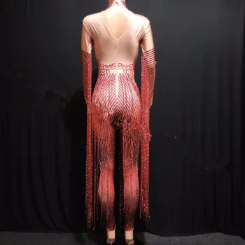

Glisten Crystals Red Jumpsuit Sexy Long Tassel Women Outfit Nightclub Female Singer Costume Stage Dance DS Performance Clothing
