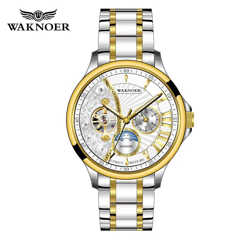 Бренд WAKNOER, мужские часы, автоматические механические часы, турбийон, спортивные часы, нержавеющая сталь, деловые наручные часы, Reloj Hombre - Цвет: gold 3