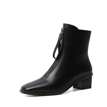 

Genuine Leather office ladies Boots Women Zipper Ankle Boots 4.5cm High Heels Party Dancing Shoes Woman black beige