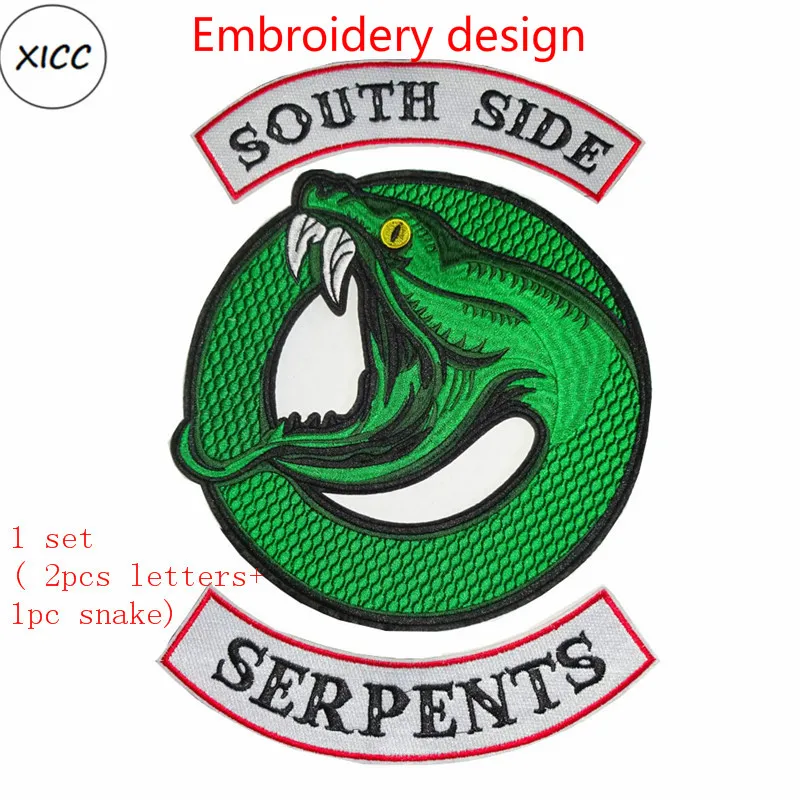 Большой Размеры ривердейл "South Side serpents" утюг на патчи для Костюмы, с рисунком героев из мультфильмов, два головой кобры вышитые наклейки аппликация - Цвет: 1set (3pcs)-2