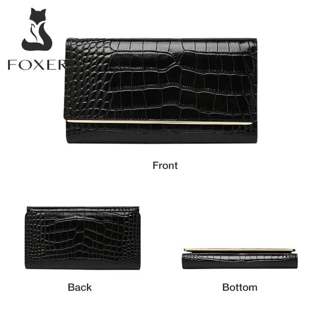 FOXER Split Leather Ladies Black Classic Wallet Send Mom Mobile Phone Bag Coin Purse Fashion