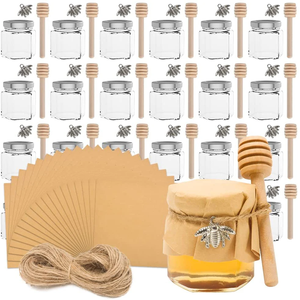 

Mini Glass Hexagon Canning Jars with sliver Lid, Honey Dipper Sticks, Jute String, Baby Shower, Wedding Favors