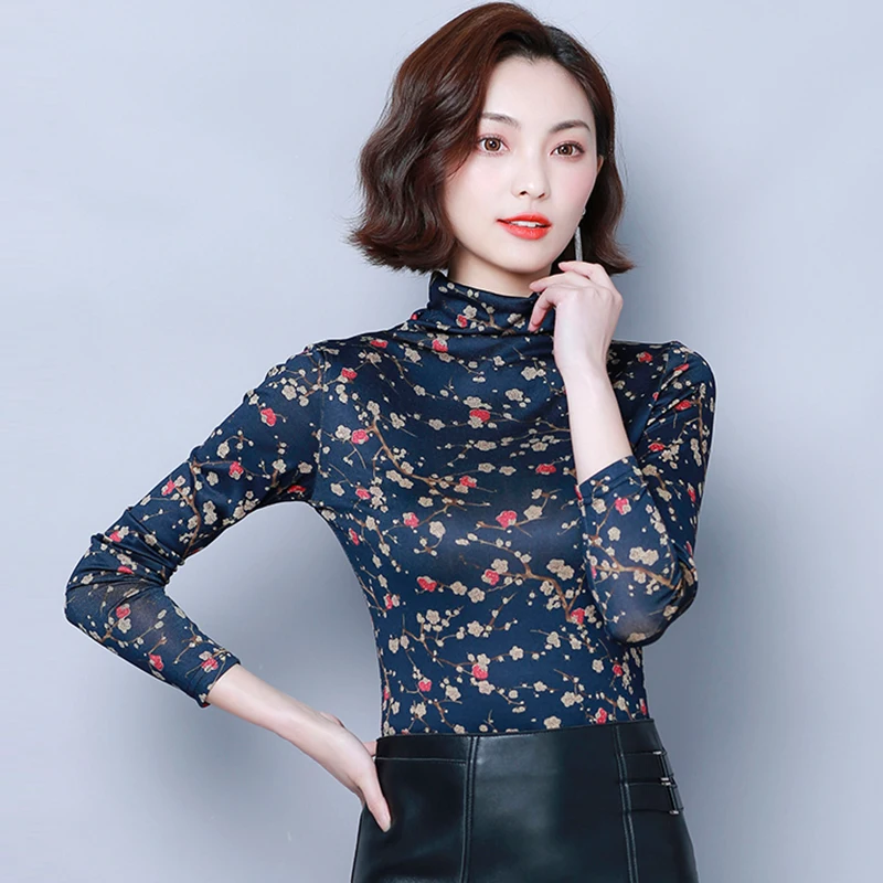

AOSSVIAO 2020 Autumn Velvet Women Print Shirt Female Blouse Tops Long Sleeve Casual Turtleneck Women Slim Blouses Black Blue