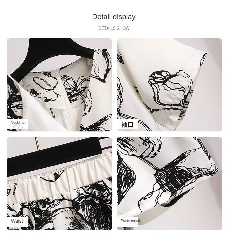 Women Matching White Outfits 2021 Summer New Fashion Print Suit Collar Top Wide Leg Shorts Two Piece Set Leisure Office Clothing white co ord set