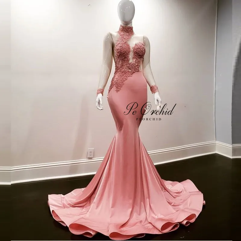 PEORCHID Dusty Pink Lace Mermaid Prom Dresses For Black Girls 2021 Elegant Stain High Neck Formal Evening Gown Woman Party Night ball gown dress