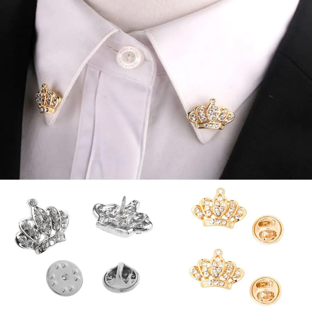 2 Pair Metal Golden and silver color Crown Brooch Suit Shirt Collar Pin Decoration