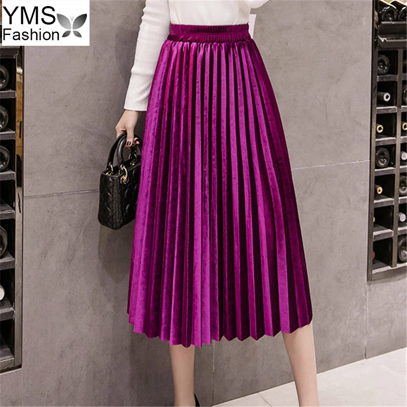 

Autumn Women High Waist Pleated Skirts Vintage Solid Velvet Skirt 2019 Casual Korean Lady Office Midi Skirt Plus Size