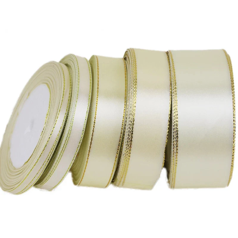 Satin White Ribbon Gold Edge, 10mm White Edge Satin Ribbon