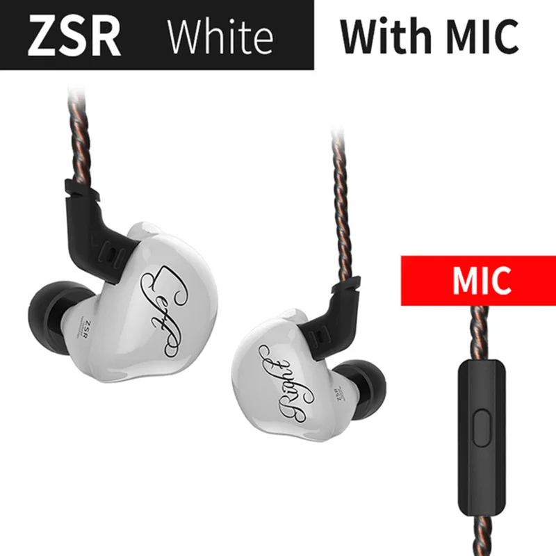 White with mic-10PCS KZ ZSR-10PCS 1DD+ 2BA Hifi спортивные наушники-вкладыши Динамический драйвер шумоподавление Гарнитура замена кабеля AS10 ZS10 ZST - Цвет: White with mic-10PCS