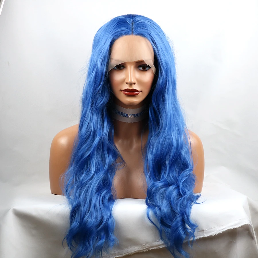 Парики из натуральных волос на кружевной основе с синими кружевами для женщин, длинные натуральные волнистые розовые синтетические волосы, сменные термостойкие синтетические парики