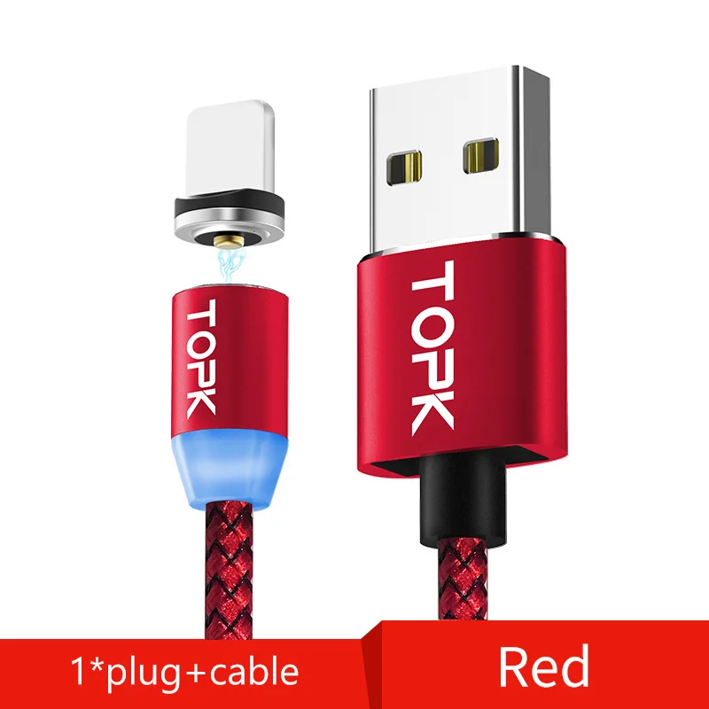 TOPK 1 м светодиодный магнитный кабель для iPhone Xs Max Xr 8 7 6 магнитная зарядка usb type C кабель и Micro USB кабель для samsung Xiaomi huawei USB C - Цвет: 1 Plug 1 Cable Red