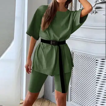 

Women's Shirt Pants Two-Piece Set with Belt Home Loose Sports T Shirt Suit Set Summer Clothes For Women