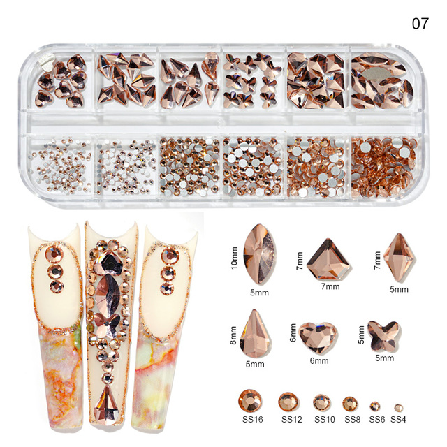 Rhinestones Nail Art Decoration 3D Multi Size AB Flatback Crystal Gems Glitter Nail Art Luxurious Decorations 12 Girds