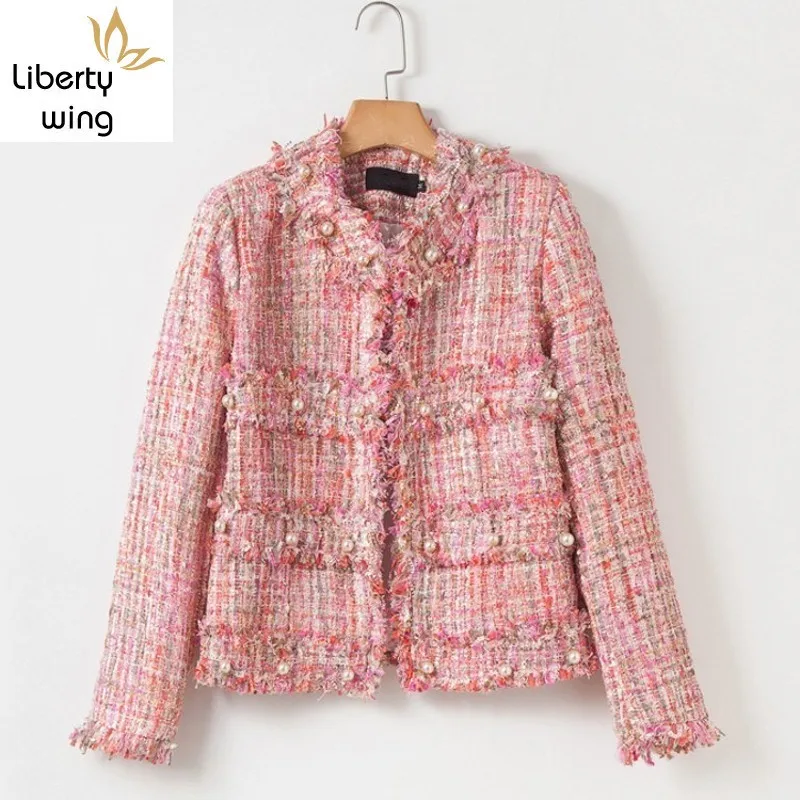 Женская твидовая куртка Повседневная розовая с жемчужинами и кисточками