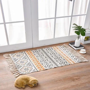 

Bohemian Style Cotton Mats Absorbent Non-slip Tassels Thin Carpet Living Room Bedroom Bedside Mats Machine Washable 20