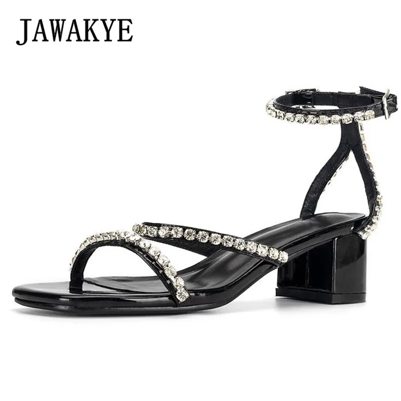 

New Crystal Square Heel sandals Women Peep toe Rhinestone Creepers Strappy heels Summer Shoes Woman Chunky heel zapatos de mujer