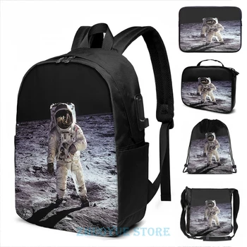 

Funny Graphic print Buzz Aldrin on the Moon USB Charge Backpack men School bags Women bag Travel laptop bag