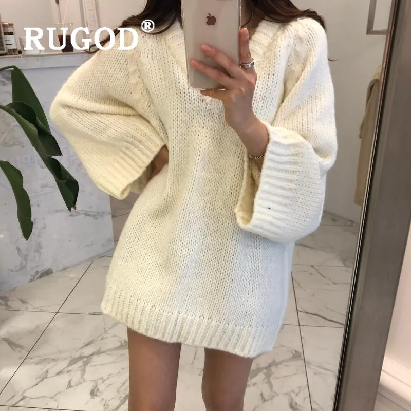 RUGOD, Одноцветный, v-образный вырез, большой размер, элегантный свитер, Женский вязаный пуловер, зимние топы для женщин, мода, карамельный цвет