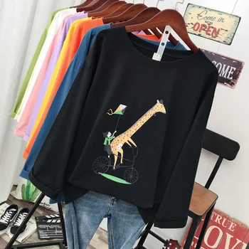 

DONAMOL Plus Size Spring Fashion Casual women Long sleeve T-shirt loose 100% cotton Tops Cartoon Giraffe pattern print tee